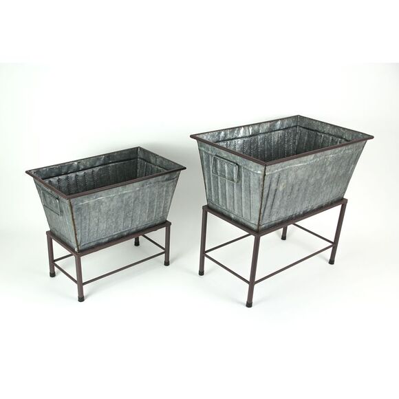 Set of 2 Galvanized Zinc Finish Metal Tub Planters On Stands - Picture 2 of 4